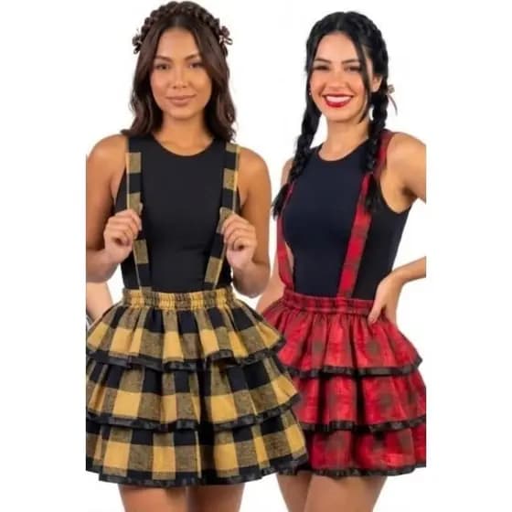 Saia junina feminina rodada com babado e suspensório- estilo caipira juninas quermesse adulto