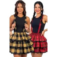 Saia junina feminina rodada com babado e suspensório- estilo caipira juninas quermesse adulto