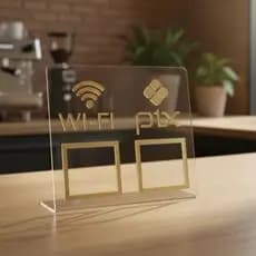 Placa Wifi Display Acrílico Dourado Espelhado QR Code Pix Conexões Mesa Balcão