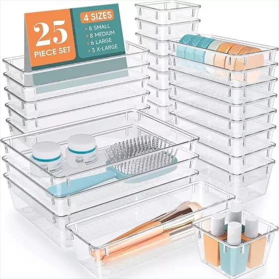 Kit 16/25 Organizador Acrílico Gaveta Geladeira Porta Maquiagem Multiuso Tranparente Resistente