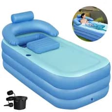 Banheira Inflável Portátil com Fundo Bolha Massagem, Bomba Elétrica e Assento - Azul, Kit Completo
