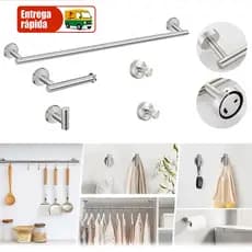 Kit Acessórios Banheiro Lavabo 5 Peças Com Toalheiro 60cm e Suporte para Papel Prata, Aço Inox 304