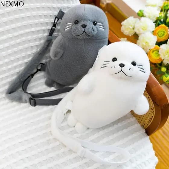 Bolsa De Ombro Com Vedação NEXMO , Adorável Fofa Selo De Desenho Animado , Alças Ajustáveis Macias , Crossbody De Pelúci