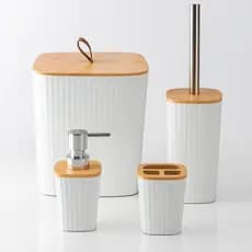 kit Lavabo banheiro 4 peças Com Escova Sanitária Dispenser Lixeira 7,5ml Porta Escova Tampa de Bambu