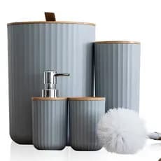 Kit Banheiro 4 Peças Tampa de Bambu Lixeira Escova Sanitária Porta Escovas Design Moderno Luxo