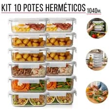 3/5/10 Pote Hermético de Vidro 1040ml Tampa 4 Travas Ideal Organizar Geladeira, Freezer e Dispensa