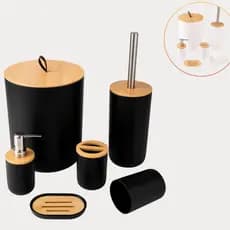 Kit Banheiro Bambu Luxo Conjunto Lavabo Saboneteira Lixo de Banheiro Acessorios 6 peças