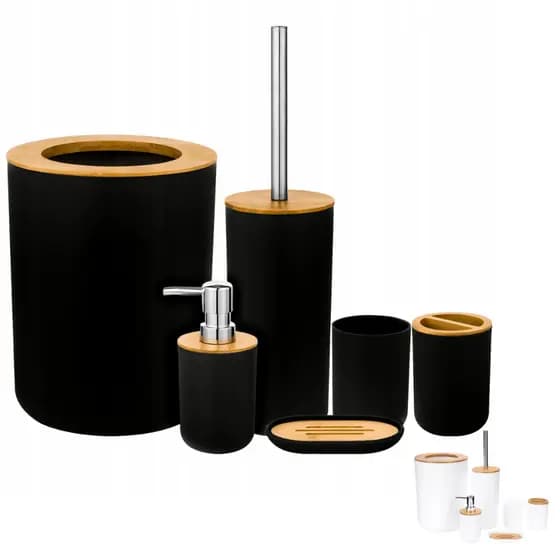 Kit Banheiro Lavabo 6 peças Pvc Tampa de Bambu Porta Escova Lixeira Saboneteira Escova Sanitária