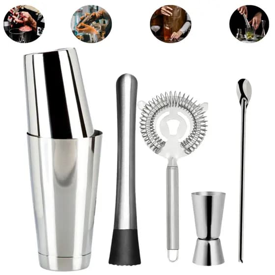 Kit Barman Coqueteleira tipo Boston 5 Peças Premium Dosador Socador Coador Bartender
