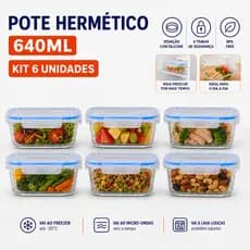 1, 2 ou 6 Pote de Vidro Com Tampa 640ml 4 Travas Ideal Marmita Fit Micro-ondas Forno Freezer