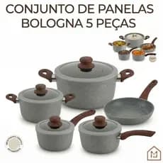 Jogo de Panelas 5 Peças Bologna Panela Antiaderente de Indução Cerâmico Tampa de Vidro C/ Respiro