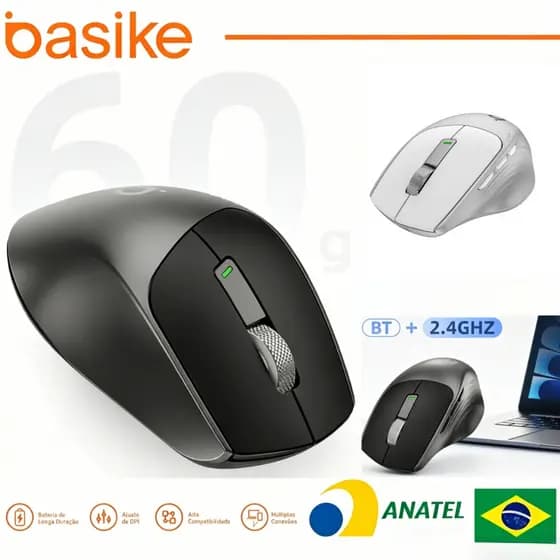 Basike Mouse Sem Fio Bluetooth + 2.4GHz Recarregável USB-C 1600 DPI Ergonômico Compatível PC Notebook Tablet