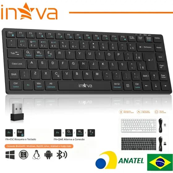 INOVA Teclado Sem Fio Bluetooth ABNT 87 Teclas 2.4G USB Recarregável Silencioso Windows Mac Android Inova