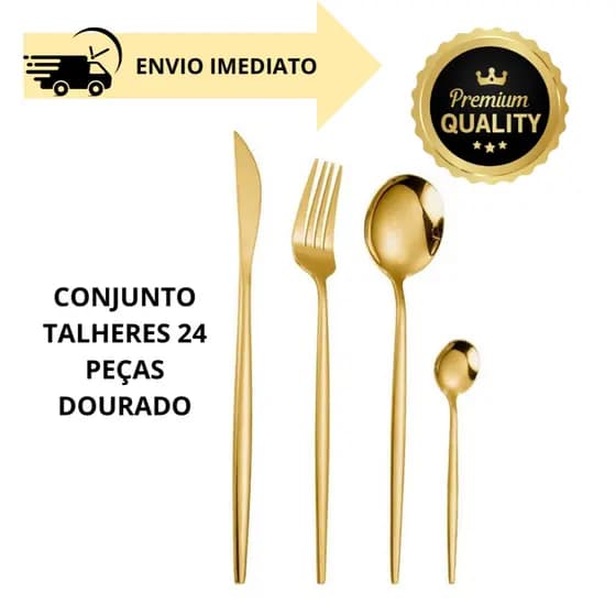 Kit 24 Talheres Dourado Jogo de Talheres Aço Inoxidável - LUXO