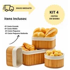 Kit 4 Cesto Organizador Conjunto Multiuso em Bambu Banheiro Cozinha Bandejas