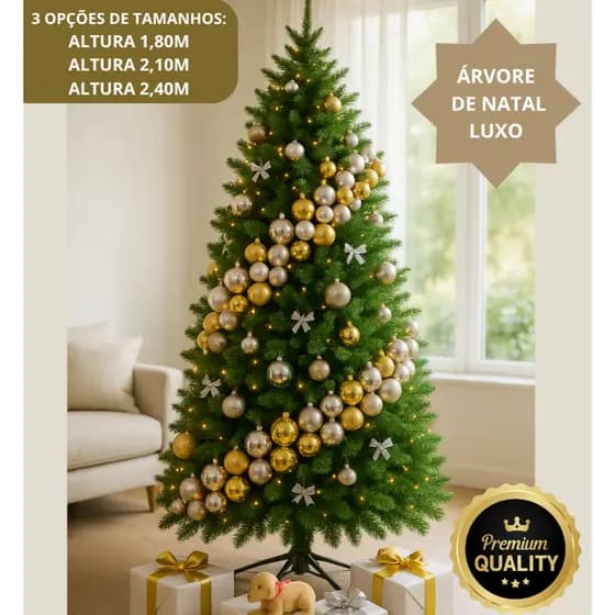 Árvore de Natal Luxo Clássica Realista Tamanhos 1,80M/2,10M/2,40M Verde Grande
