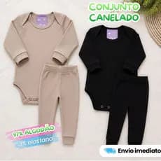 Kit 2 Peças Conjunto Body Manga Longa Canelado + Mijão Liso Canelado Algodão Elastano Bebê Infantil