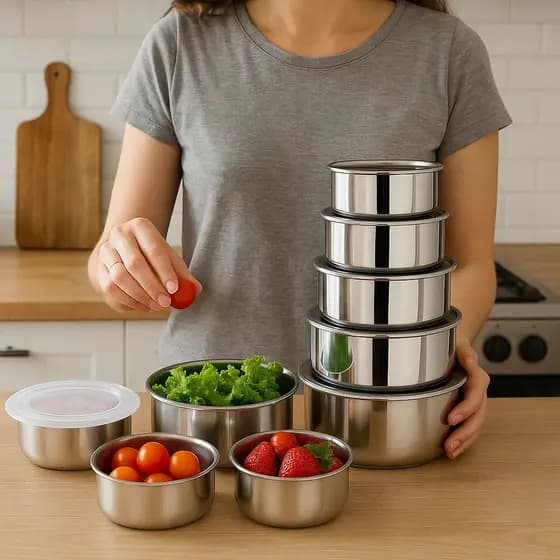 Conjunto 5 Potes Inox Guarda Vasilha Recipiente Armazena Alimento Conserva Casa Presente