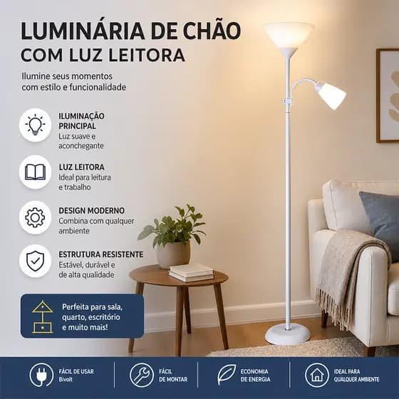 Luminária de Pé 2 em 1 Luz Principal+Leitura,3 Temperatura Cor Sem Cintilação,Base Estável Sala Quarto Escritório