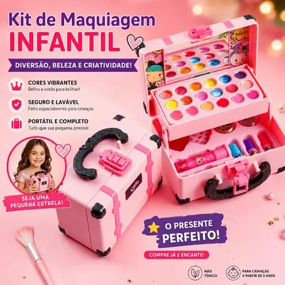 Maleta Maquiagem Infantil Seguro Lavável Não Tóxico, Kit Completo Para Meninas Presente 3+ Anos