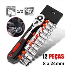 Jogo De Soquete Sextavado 1/2 Catraca 12 Peças 8 a 24mm com Extensão