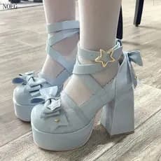 2025 Sapatos de Salto Alto Lolita Sandálias Femininas com Peças de Verão Retro Festa Plataforma Bombas Laço NOTS