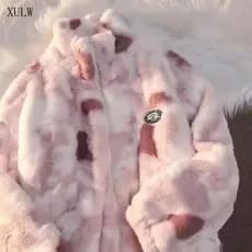 Jaqueta Tie Dye Feminina com Zíper Real, Casaco de Pele de Coelho, Roupas de Inverno, Manga Longa, Oversized, Ponto de B