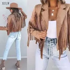 Cardigan Cropped com Franjas e Tassel para Mulheres Y2K, Jaqueta de Couro de Motocicleta E-Girl, Vintage dos Anos 90 XMR