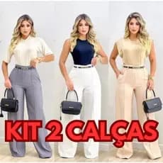 Kit 2 Calça Pantalona Alfaiataria Com Ziper Lateral Cintura Alta Com 1 Cinto  SUPER PROMOÇÂO