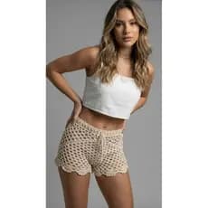 Short Crochê Feminino Saída de Praia Ajustável Moda Praia Verão Boho