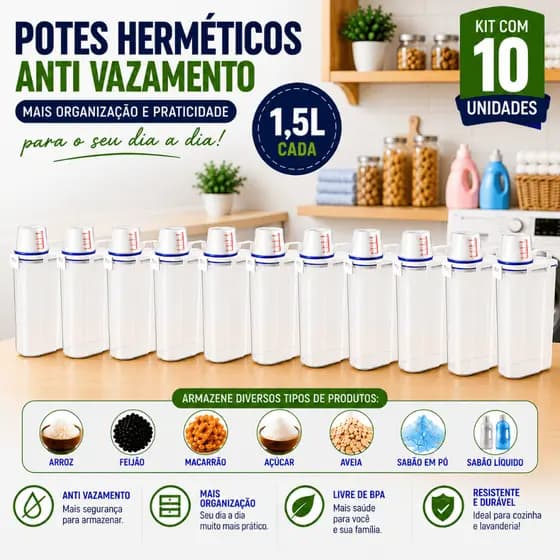 Kit 10 Organizadores de Despensas Potes Herméticos 1,5L BPA Free Anti Vazamento Cozinha Lavanderia