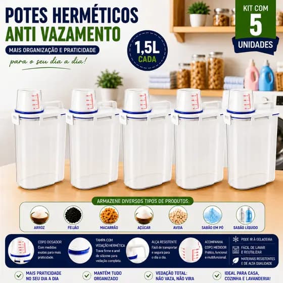 Kit 5 Potes Herméticos 1,5L Porta Grãos Cereais Açúcar Macarrão BPA Free Anti Vazamento Multiuso