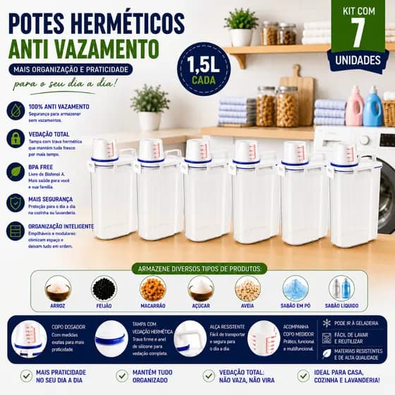 Kit 7 Pote Hermético 1,5L Copo Dosador Organizador Multiuso Anti Vazamento Porta Mantimento BPA Free