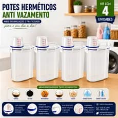 Kit 4 Potes Herméticos 1,5L Organizador Mantimentos Cozinha Grãos Cereais Lavanderia Porta Ração Pet