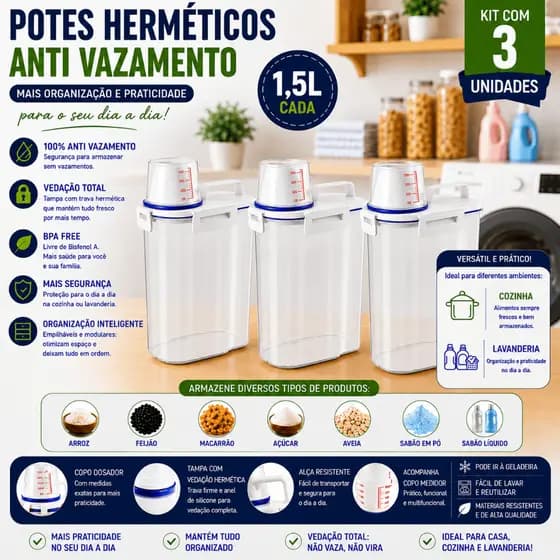 Kit 3 Potes Herméticos 1,5L Anti Vazamento Organizador Cozinha Lavanderia Multiuso BPA Free
