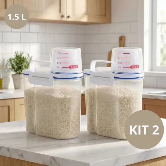 Kit 2 Pote Dispenser Hermético 1,5L Copo Medidor Bico Dosador Cereais Arroz Ração Sabão Multiuso