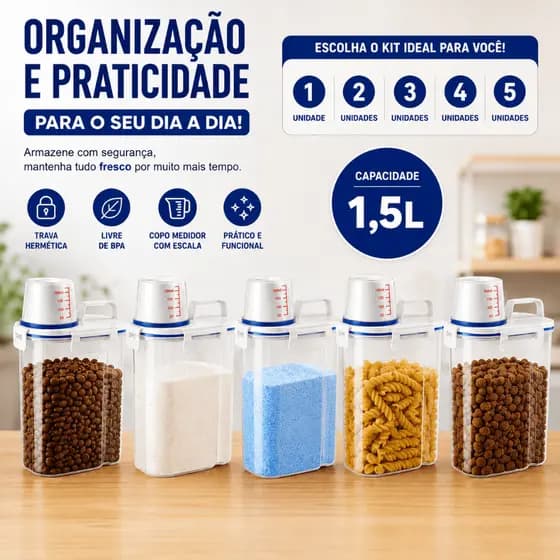 Potes Herméticos 1,5L 1 a 5 Unidades Tampa com Copo Dosador Trava Multiuso Cozinha Lavanderia