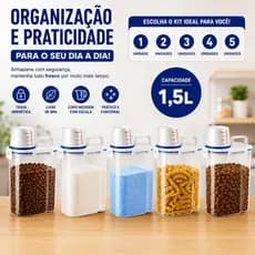 Potes Herméticos 1,5L 1 a 5 Unidades Tampa com Copo Dosador Trava Multiuso Cozinha Lavanderia