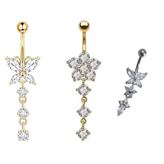 Piercing Borboleta pingente com pedraria cor Prata/Dourado Aço cirúrgico para Umbigo