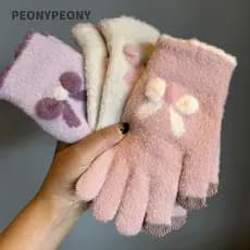 Luvas De Inverno PEONY , Malha Macias Para Mulheres Quentes Com Laço À Prova De Vento Tela Sensível Ao Toque