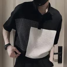 Camisa polo listrada de seda gelada de alta qualidade camisa bonita Casual camisa fina masculina curta#高级条纹冰丝polo衫帅气衬衫休闲