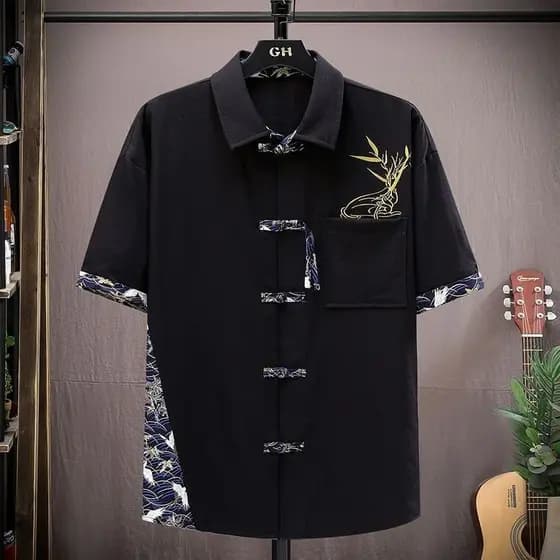 Camisa masculina de manga curta estilo chinês Casual solta na moda All-Match moda roupas masculinas#国风中国风男士短袖衬衫休闲宽松潮流百搭时