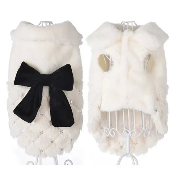 Moda Inverno Roupas Para Cães De Estimação Elegante Branco Filhote De Cachorro Pet Gato Casaco Jaquetas Pele Arco Nó Chi
