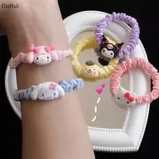 { RUI } 5 Peças Kawaii Sanrio Laços De Cabelo Anime Enfeites De Anel Hello Kitty My Melody Kuromi Corda Acessórios De De