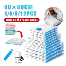 KIT Saco a Vácuo + Bomba Manual ou Bomba Elétrica 60*80cm Organização de Roupas Mala Viagem Guarda Roupas