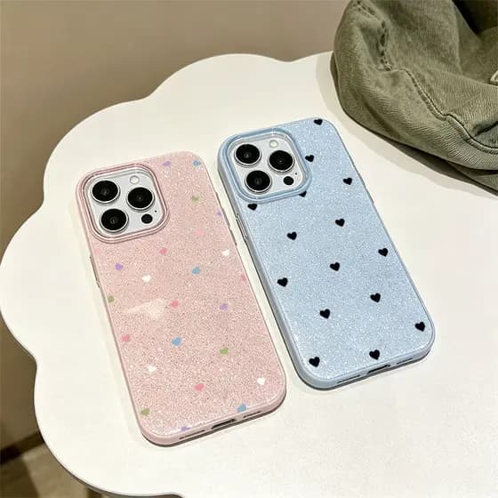 Caso Glitter Para iPhone 17 16 15 13 11 14 12 11 Pro Max Plus XR Ar Ditsy Corações Luxo Capa Macia