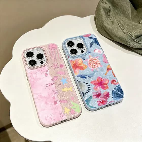 Capa Glitter Para Samsung S26 Ultra S25 S24 Plus S23 FE S22 S21 S20 A17 A07 A06 A15 A16 A56 Tartaruga Marinha E Água-Viv
