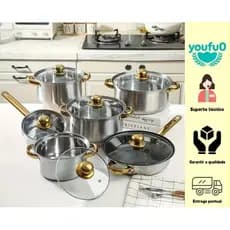Conjunto de panelas antiaderentes de aço inoxidável de 12 peças, incluindo frigideira de 5 peças com tampa e frigideira