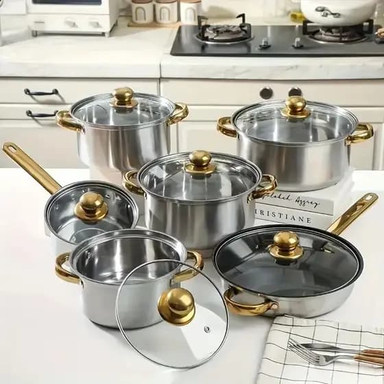 Conjunto De Panelas Antiaderentes De 5 Peças De Aço Inoxidável Com 12 Tampas E 1 Frigideira Tampa , Acabamento Fino
