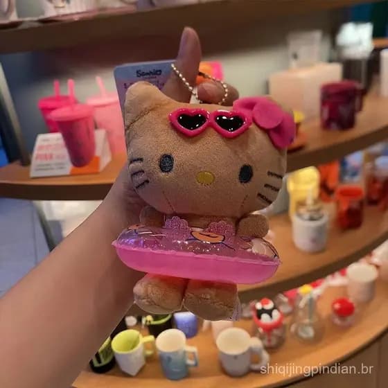 Chaveiro Kawaii Hello Kitty Havaiano Sanrio Pingente Brinquedo de Pelúcia Cartoon Anel de Natação Marrom Branco Chaveiro